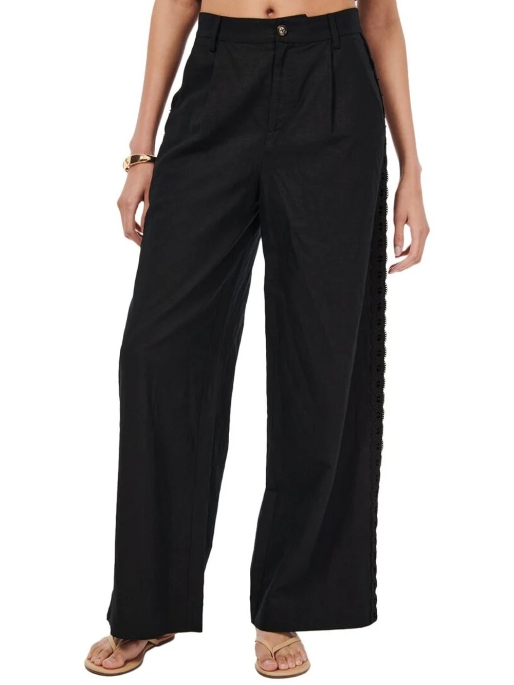 NWT Cami NYC Akhila Linen Blend Wide Leg Pants Black Lace Trim Size 4